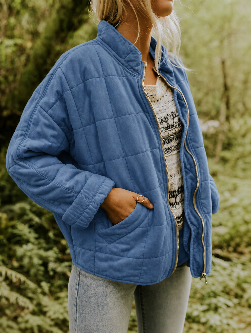 Quilted Jacket with Zip Front and Stand Collar
