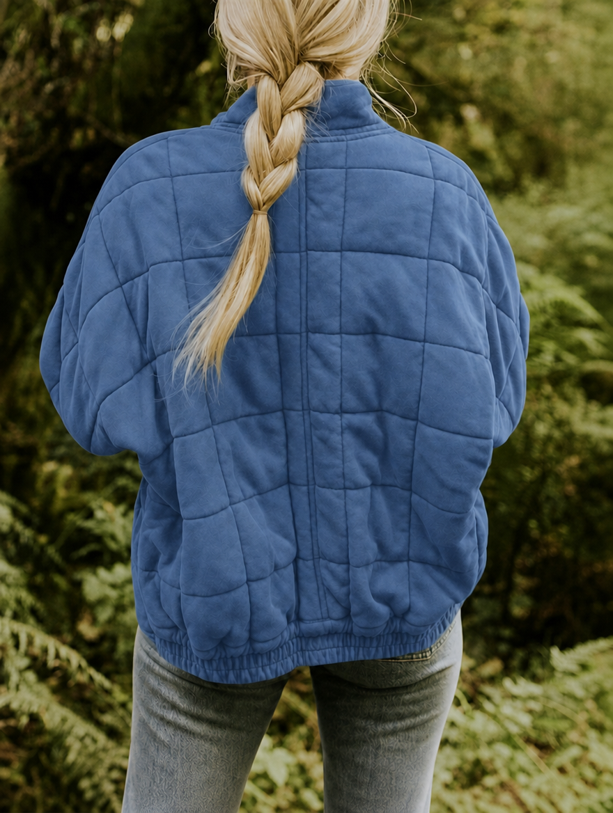 Quilted Jacket with Zip Front and Stand Collar