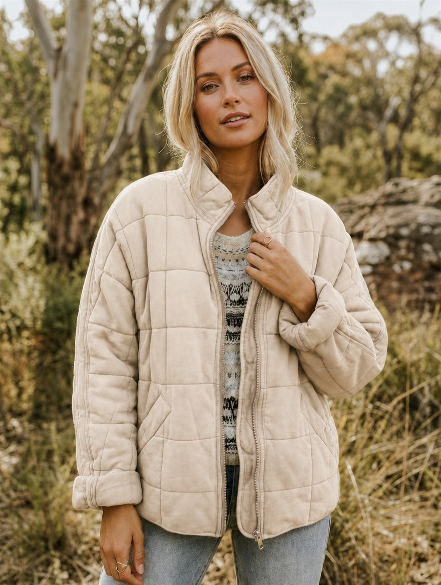 Quilted Jacket with Zip Front and Stand Collar