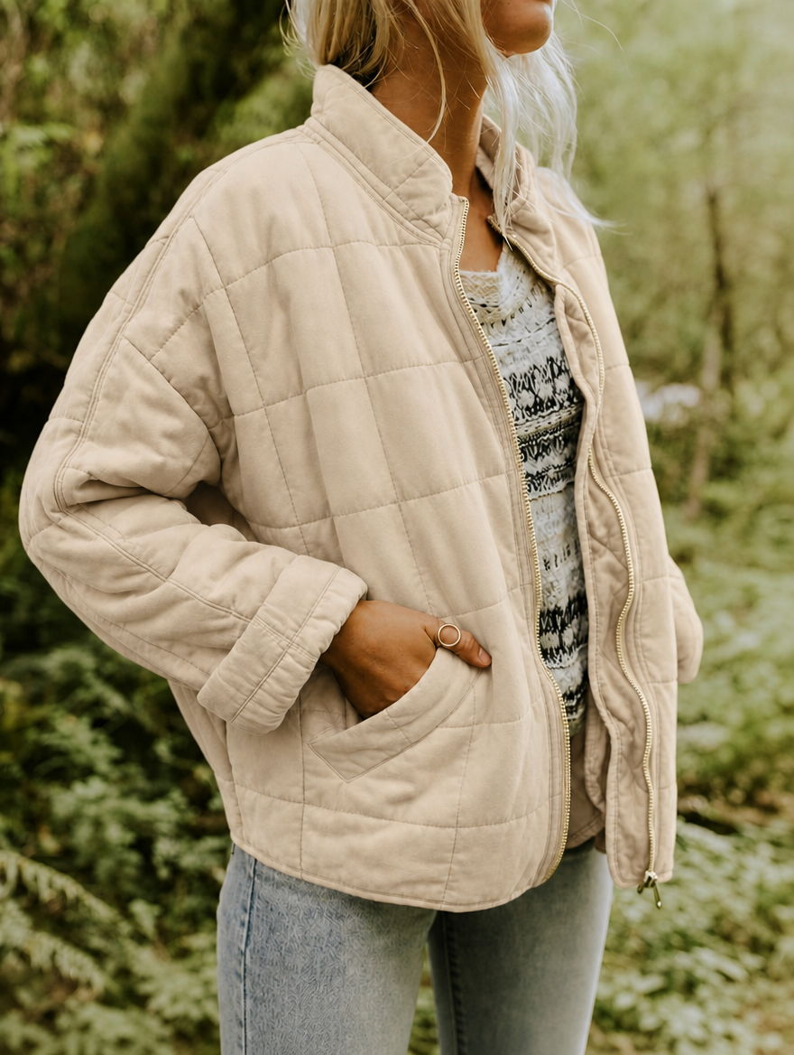 Quilted Jacket with Zip Front and Stand Collar