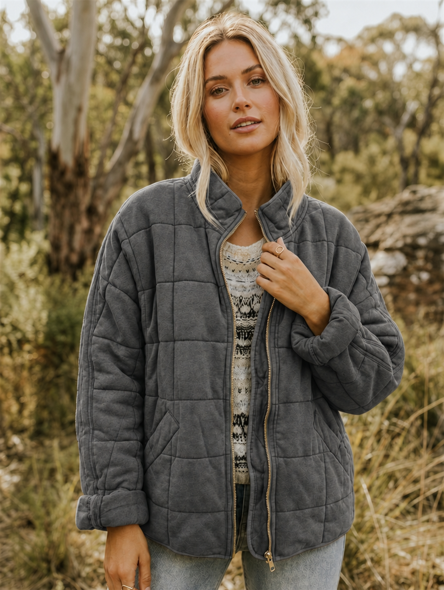 Quilted Jacket with Zip Front and Stand Collar