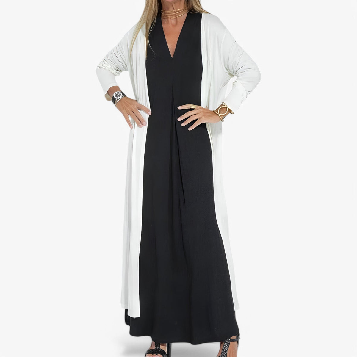 Long Dress and Cardigan Two-Piece Outfit