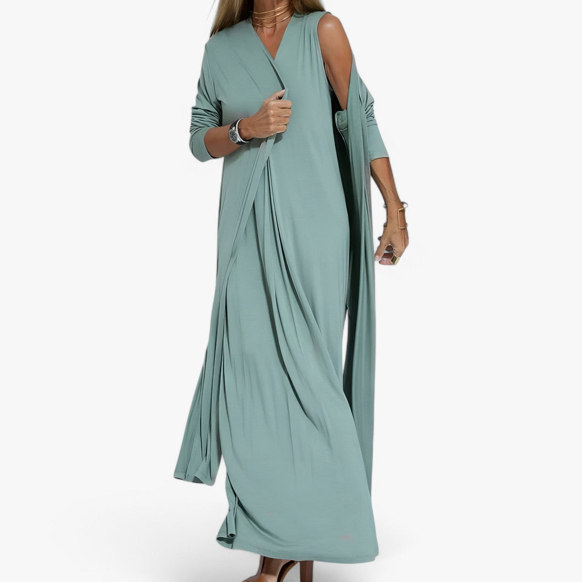 Long Dress and Cardigan Two-Piece Outfit