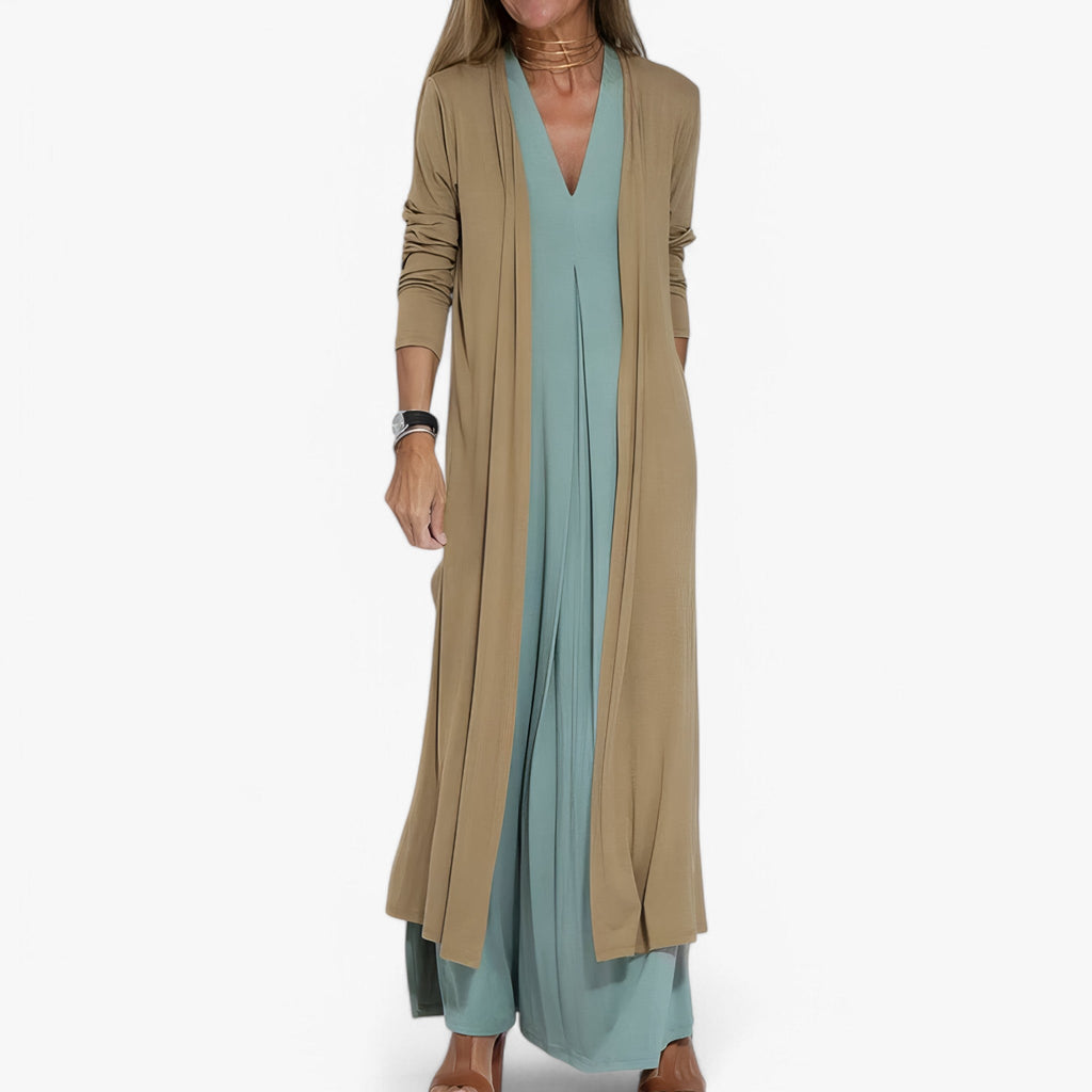 Long Dress and Cardigan Two-Piece Outfit