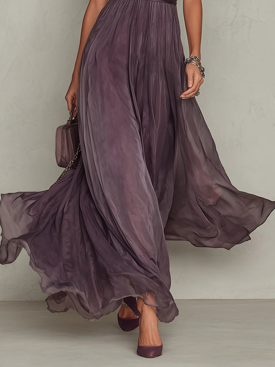Vestido largo con ribete de encaje, cintura fruncida y manga corta